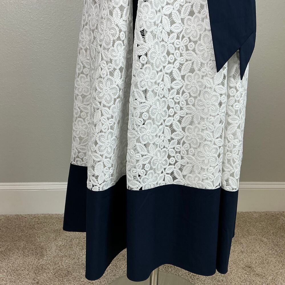 Badgley Mischka Lace Fit and Flare Midi Cocktail Dress Blue and White Size 0 - Picture 9 of 12